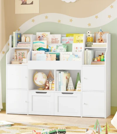 Getone Toy Storage , Childrens Bookcase,Unit 3-tier Kids Bookshelf, Kids Storage with 2 Drawers with Wheels, 4 Doors, 6 Open Shelves,multi-functional toy storage unit122x30x100cm