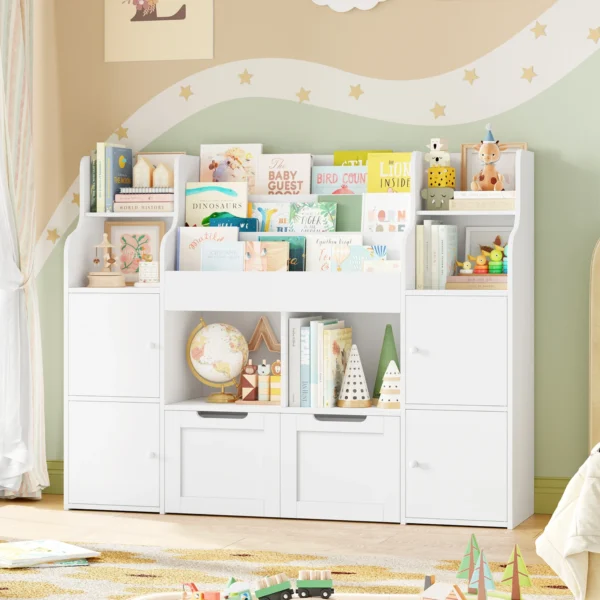 Getone Toy Storage , Childrens Bookcase,Unit 3-tier Kids Bookshelf, Kids Storage with 2 Drawers with Wheels, 4 Doors, 6 Open Shelves,multi-functional toy storage unit122x30x100cm