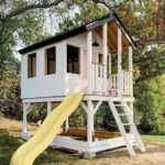 Customized Kindergarten Playhouse Outdoor Assembly Slide Tree House Children Climbing Cabin Mobile Garden Gazebo Wooden House