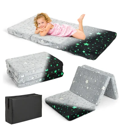 Trifold Floor Mattress for Kids, Glow in the Dark Toddler Nap Mat with Removable and Machine Washable Cover, Foldable Futon Sofa